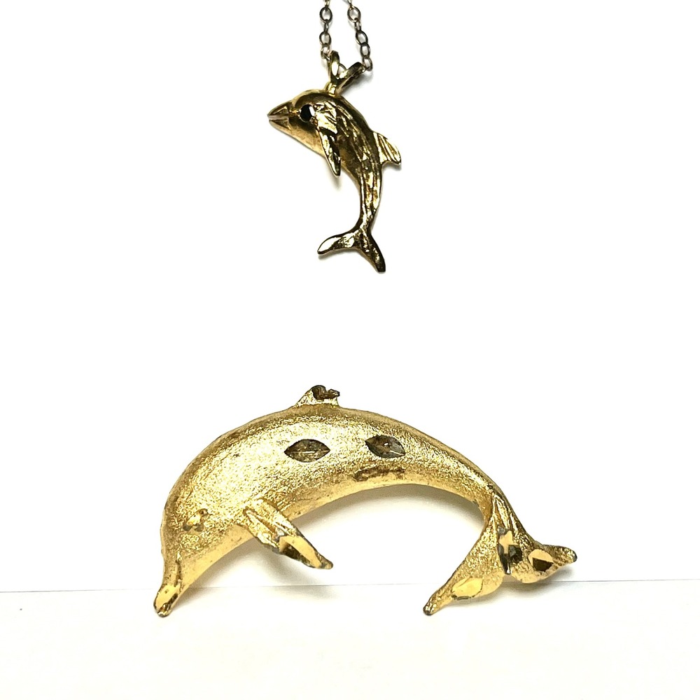 Dolphin Pendant‎ Necklace & Statement Brooch Pin Set Gold Plated Sea Life Lot